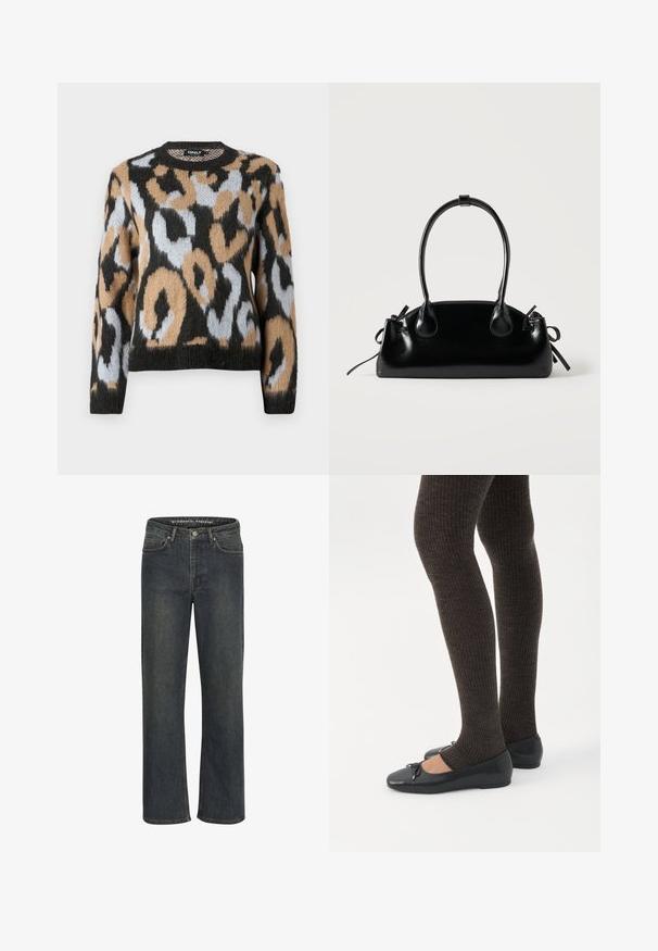 Leopardprint trui met een ronde halslijn, lange mouwen en een mix van zwart, bruin en lichtblauwe kleuren, gemaakt van gestructureerde breiware.; Donkerblauwe recht-been jeans van denim stof, met een middelhoge taille, vijf zakken en subtiele stiksels langs de naden.; Benen met donkere geribbelde leggings gecombineerd met zwarte ballerina's met kleine strikdetails op een witte achtergrond.; Kleine zwarte glanzende handtas met twee lange hengsels en zijkant trekkoord details op een effen lichte achtergrond.