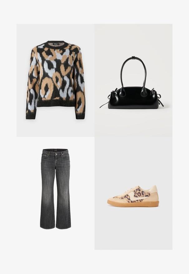 Leopardenmuster-Pullover mit rundem Ausschnitt, langen Ärmeln und einer Mischung aus Schwarz, Braun und Hellblau in einem strukturierten Strickstoff.; Schwarze, verwaschene Straight-Leg-Jeans aus Denim mit Frontknopf, Gürtelschlaufen und Fünf-Taschen-Design.; Löwenmuster-Sneaker mit beige Wildleder-Obermaterial, tanfarbener Gummisohle und weißen Akzenten. Runde Zehenform und Schnürdesign mit strukturiertem Finish.; Kleine schwarze glänzende Handtasche mit zwei langen Griffen und seitlichen Kordelzug-Details vor einfachem hellem Hintergrund.