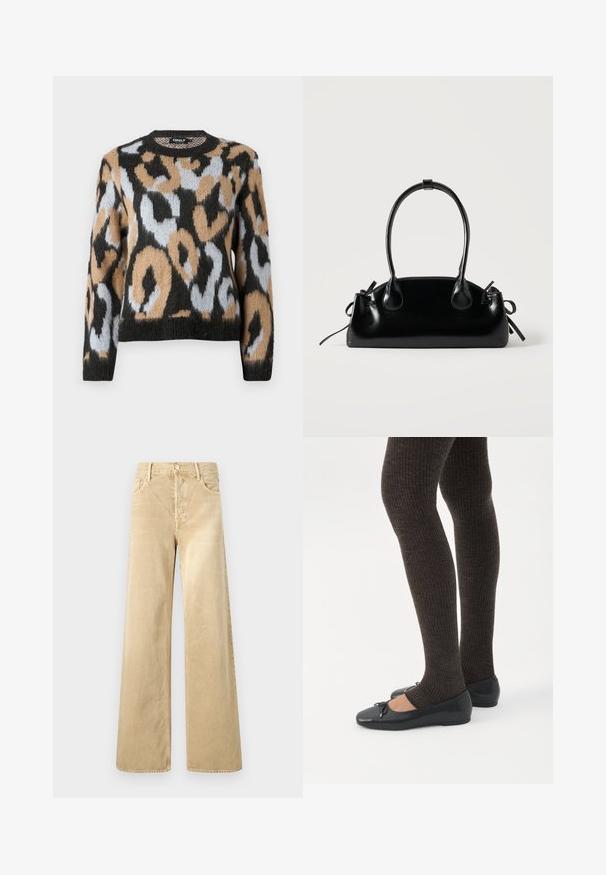 Pull en imprimé léopard avec un col rond, des manches longues, et un mélange de couleurs noir, marron et bleu clair, en tissu tricoté texturé.; Pantalon ample en velours côtelé beige avec une texture lisse, doté d'une fermeture à boutons et d'un design classique à cinq poches.; Jambes portant des leggings côtelés foncés associés à des ballerines noires avec de petits détails en nœud sur fond blanc.; Petit sac à main noir brillant avec deux longues anses et des détails à cordon sur les côtés sur un fond clair uni.