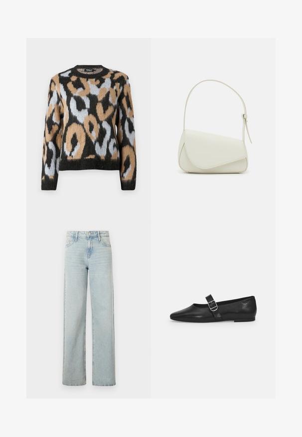 Suéter de estampado de leopardo con cuello redondo, mangas largas y una mezcla de colores negro, marrón y azul claro en un tejido de punto texturizado.; Jeans de tiro alto en lavado claro con un corte recto. Fabricados en denim, presentan un diseño clásico de cinco bolsillos y un desvanecimiento sutil.; Zapato plano de cuero negro con punta redondeada, una sola correa ajustable con hebilla y una textura suave y brillante. Diseño minimalista con un tacón bajo.; Bolso de mano de imitación cuero blanco con una forma triangular estructurada, correa ajustable única y cierre con solapa acentuada en curva.