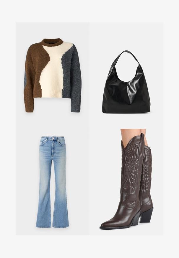 Kleurblok trui met bruin, crème en donkergrijs. Gemaakt van zachte stof met een geribbelde halslijn en een cropped ontwerp.; Lichtblauwe flared jeans van denim, met een hoge taille, vijf zakken en een subtiele gradient vervaging naar de zoom toe.; Donkerbruine leren cowboylaarzen tot over de knie met puntige neuzen, decoratieve stiksels en schuine blokhakken gedragen door een persoon.; Zwarte leren hobo tas met een zachte, glanzende textuur en een ronde, open bovenkant. Voorzien van een brede, gebogen schouderband om te dragen. Geen zichtbare hardware.