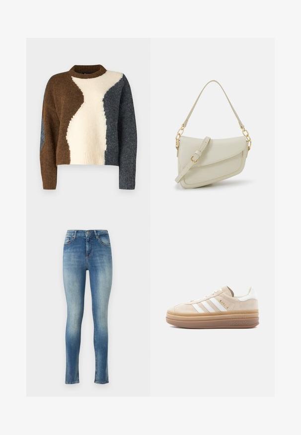 Suéter con bloques de color que presenta tonos marrón, crema y gris oscuro. Hecho de una tela suave con un cuello acanalado y un diseño corto.; Jeans ajustados en denim azul claro. Presentan una cintura de altura media, cinco bolsillos y un ligero desvanecimiento en la parte delantera y trasera para un aspecto desgastado.; Zapatilla de ante beige con detalles en cuero blanco, que cuenta con tres franjas blancas, un logo dorado y una suela gruesa de goma translúcida.; Pequeño bolso de mano crema con un acabado texturizado, una correa larga y ajustable, un acento de cadena y cierre de solapa. Detalles en hardware dorado.