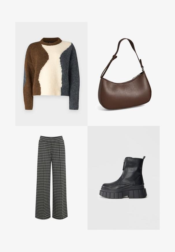 Suéter con bloques de color que presenta tonos marrón, crema y gris oscuro. Hecho de una tela suave con un cuello acanalado y un diseño corto.; ICHI IHKATE - Pantalones - vetiver; Botín de cuero negro con suela de plataforma gruesa estriada y cremallera lateral, exhibido sobre un fondo gris neutro.; Pequeño bolso bandolera de cuero marrón con correa ajustable y cierre de cremallera, mostrado sobre un fondo blanco. Sin logotipos ni adornos visibles.