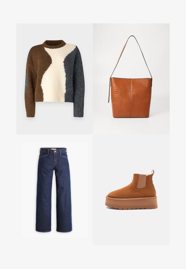 Kleurblok trui met bruin, crème en donkergrijs. Gemaakt van zachte stof met een geribbelde halslijn en een cropped ontwerp.; Donkerblauwe spijkerbroek met een hoge taille, wijdvallende pijpen en subtiele oranje stiksels. Bevat een sluiting met een knoop en ritssluiting aan de voorkant.; Bruine suède platform enkellaars met elastische zijpanelen en fleece voering die zichtbaar is bij de kraag, op een dikke, gestructureerde zool.; Bruine leren handtas met een krokodillenprinttextuur, voorzien van een enkele schouderriem en een verfijnde vorm, verfraaid met zwarte randen.