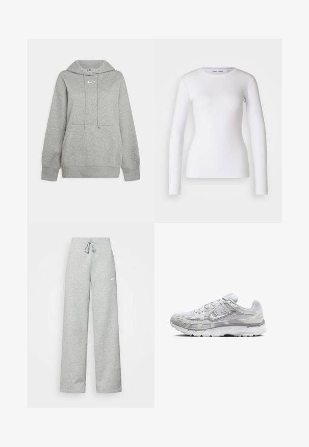 Grijze hoodie gemaakt van zachte stof, met een voorzak, verstelbare koordjes en een klein wit logo op de borst.; Witte longsleeve shirt van ribstof, met een ronde halslijn en een getailleerde vorm. Er zijn geen patronen of accenten aanwezig.; Grijze sweatpants met een elastische tailleband, een trekkoord-detail en een klein wit Nike-logo op de linkerdij. Zachte stof, losvallend.; Lichtgrijze sportschoenen met een bovenwerk van mesh en synthetisch materiaal, voorzien van een vetersluiting, een gevoerd kraagje en een gestructureerde zool voor grip.