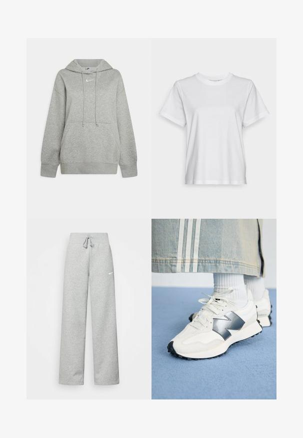 Grijze hoodie gemaakt van zachte stof, met een voorzak, verstelbare koordjes en een klein wit logo op de borst.; Witte katoenen t-shirt met korte mouwen, ronde hals en een ontspannen pasvorm. Soepele textuur, zonder patroontjes of graphics, basisontwerp.; Grijze sweatpants met een elastische tailleband, een trekkoord-detail en een klein wit Nike-logo op de linkerdij. Zachte stof, losvallend.; Witte sport sneakers met een zilveren accent, textiel en glad leer; met een zwarte rubberen zool en veters.