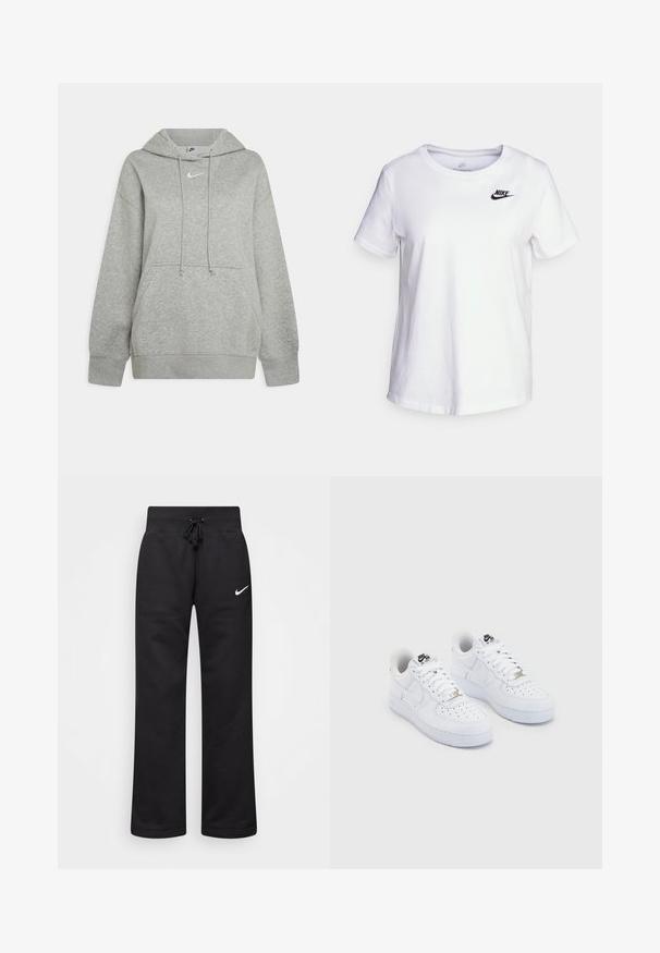 Sudadera con capucha gris hecha de tejido suave, con un bolsillo frontal tipo canguro, cordones ajustables y un pequeño logo blanco en el pecho.; Camiseta de algodón blanca con cuello redondo y mangas cortas. Presenta un logotipo negro de Nike en la parte superior izquierda del pecho.; Pantalones de chándal negros hechos de una mezcla de algodón, con una cintura elástica ajustable, piernas rectas y un logo blanco de Nike en el lado izquierdo.; Zapatillas Nike Air Force 1 blancas con una parte superior de cuero suave, puntera perforada, cordones blancos y un logotipo negro en la lengüeta.