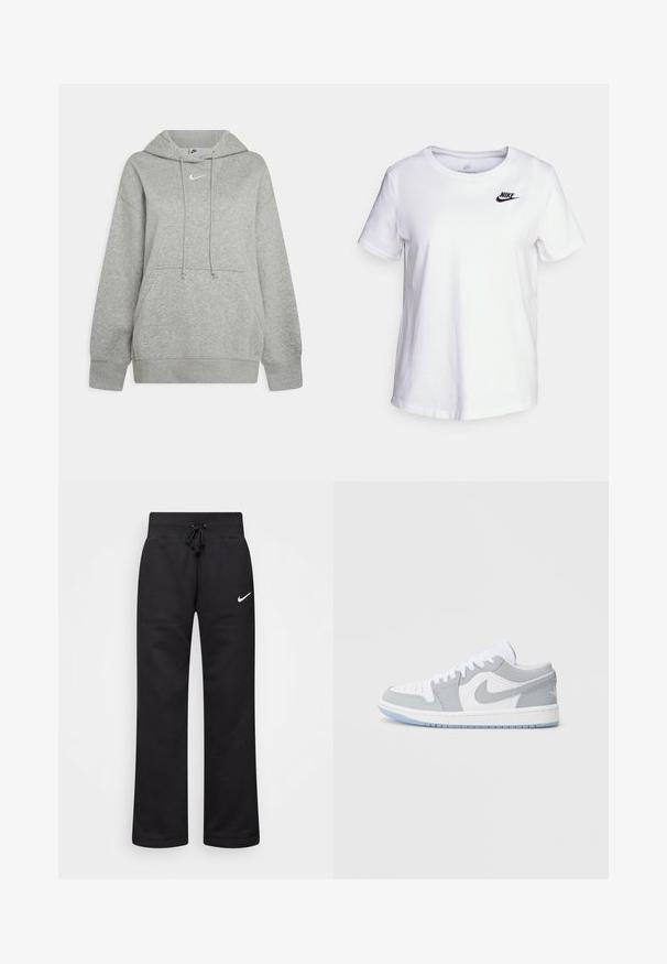 Sweat-shirt à capuche gris en tissu doux, avec une poche frontale, des cordons de serrage ajustables et un petit logo blanc sur la poitrine.; T-shirt en coton blanc avec un col rond et des manches courtes. Présente un logo Nike noir dans la partie supérieure gauche de la poitrine.; Pantalons de survêtement noirs en mélange de coton, dotés d'une taille élastique avec cordon de serrage, de jambes droites et d'un logo Nike blanc sur le côté gauche.; Baskets Nike avec un mélange de cuir gris et blanc, embout perforé, lacets et semelle extérieure bleu clair avec détails du logo.