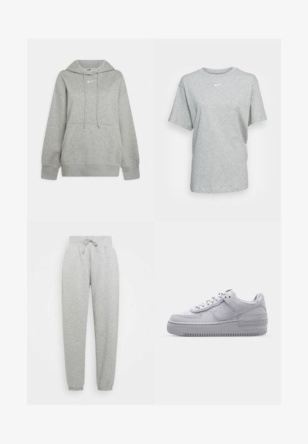 Sudadera con capucha gris hecha de tejido suave, con un bolsillo frontal tipo canguro, cordones ajustables y un pequeño logo blanco en el pecho.; Nike Sportswear TEE - Camiseta básica - grey heather; Pantalones de chándal grises con cintura elástica, cordón ajustable y puños acanalados. Hechos de una tela suave; cuenta con dos bolsillos laterales.; Zapatilla Nike Air Force 1 gris con puntera perforada, parte superior de cuero suave, suela gruesa y detalle en relieve 'AIR' en el talón.