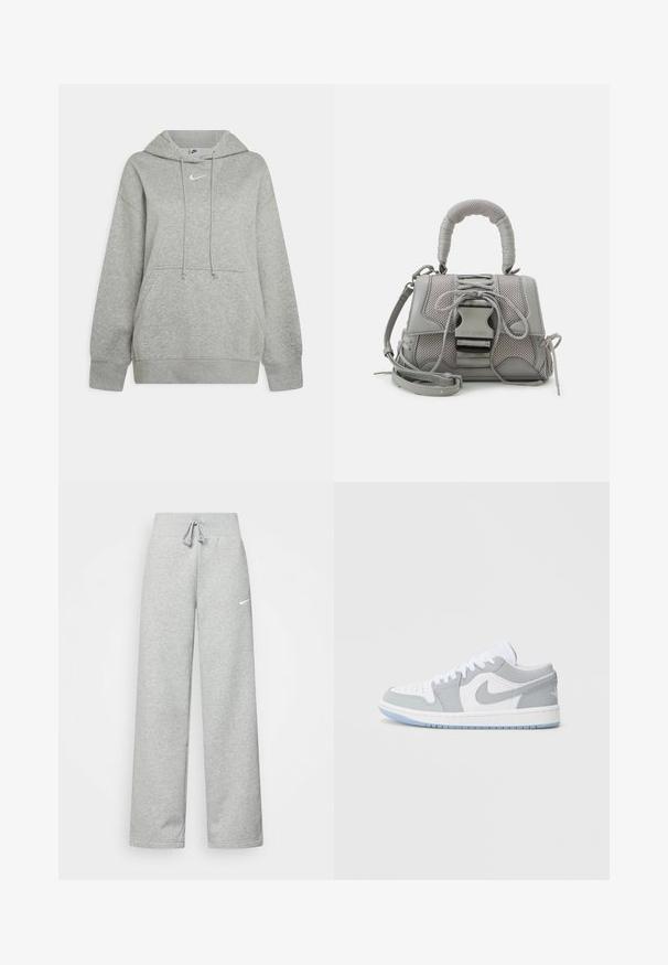Grå hættebluse lavet af blødt stof, med en frontlomme, justerbare snore og et lille hvidt logo på brystet.; Grå sweatpants med elastisk talje, snor detaljer og et lille hvidt Nike-logo på venstre lår. Blødt stof, løs pasform.; Nike-sneakers med en blanding af gråt og hvidt læder, perforeret tå, snørebånd og en lys blå ydersål med logodetaljer.; Grå tekstureret håndtaske med en polstret hank, mesh-detaljer, justerbar rem og en frontlås. Kompakt design med en afrundet form.