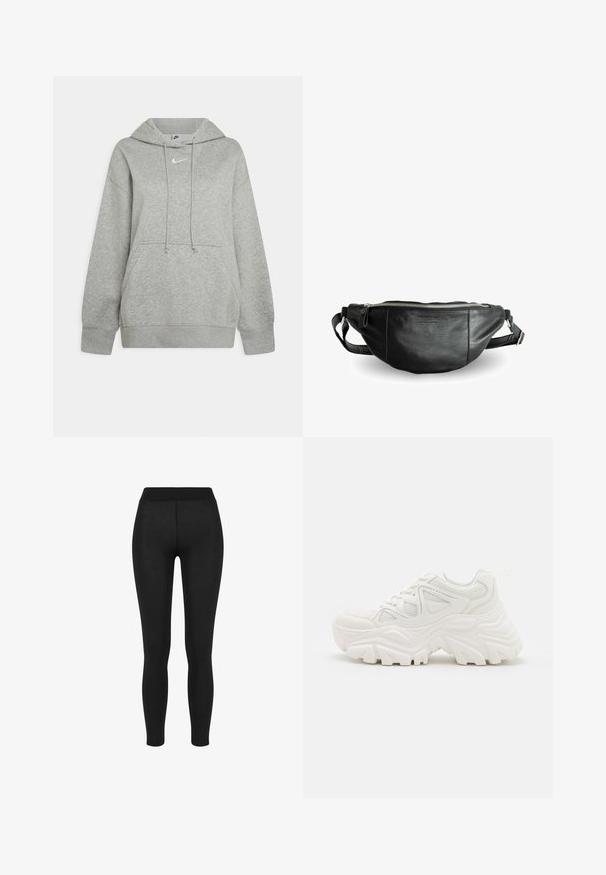 Grå hættebluse lavet af blødt stof, med en frontlomme, justerbare snore og et lille hvidt logo på brystet.; Sorte leggings i glat stof, med høj talje, tætsiddende design og uden synlige sømme, velegnet til afslappet eller aktivt brug.; Hvide chunky sneakers med en tekstureret overdel, mesh-paneler og tykke gummisåler med et markant dækmønster. Snørebånd og en pull-tab medfølger.; Still Nordic BASIC - Bæltetasker - black