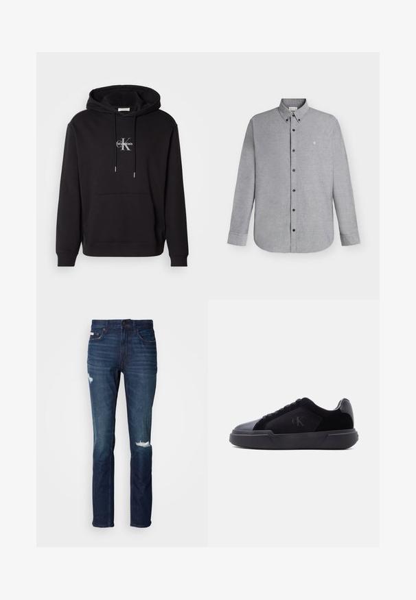 Schwarzer Baumwollhoodie mit verstellbarem Kapuzenzug, Kängurutasche und einem silbernen Logo mit "Calvin Klein" und "CK" auf der Brust.; Hellgraues langärmeliges Hemd mit Knopfleiste und Knopfkragen sowie kleinem "cK"-Logo, das auf der linken Brustseite eingestickt ist.; Dunkelblaue Denim-Jeans mit schlanker Passform, die zwei abgeriebene Stellen auf der Vorderseite, robuste Nähte und ein klassisches Fünf-Taschen-Design aufweisen.; Schwarzer Sneaker in Low-Top-Design mit dicker Sohle, Schnürverschluss vorne und dezente "cK"-Logo auf der Seitenpaneele.