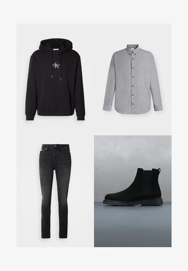 Schwarzer Baumwollhoodie mit verstellbarem Kapuzenzug, Kängurutasche und einem silbernen Logo mit "Calvin Klein" und "CK" auf der Brust.; Hellgraues langärmeliges Hemd mit Knopfleiste und Knopfkragen sowie kleinem "cK"-Logo, das auf der linken Brustseite eingestickt ist.; Schwarze Jeans aus Denim mit schmaler Passform, fünf Taschen und Knopfverschluss. Mit einem subtilen Verblassen und Nähakzenten an den Taschen.; Schwarze Knöchelstiefel aus glattem Material mit subtilen Nähten, einer Gummisohle und einem eleganten Design, platziert auf einer Oberfläche mit Holzstruktur.