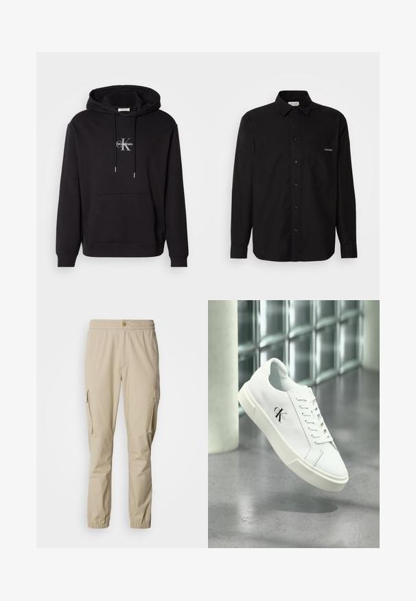 Schwarzer Baumwollhoodie mit verstellbarem Kapuzenzug, Kängurutasche und einem silbernen Logo mit "Calvin Klein" und "CK" auf der Brust.; Schwarzes Langarmhemd aus Baumwolle mit einem Knopfverschluss, zwei Brusttaschen und einem kleinen Logo auf der linken Tasche.; Beige Cargo-Hosen mit elastischem Bund, Knopfverschluss, Seitentaschen und elastischen Bündchen an den Knöcheln, aus leichtem Stoff gefertigt.; Weißer Calvin Klein Sneaker mit Schnürsenkeln, schwebend über einem polierten Betonboden und einer Glasbausteinwand im Hintergrund dargestellt.