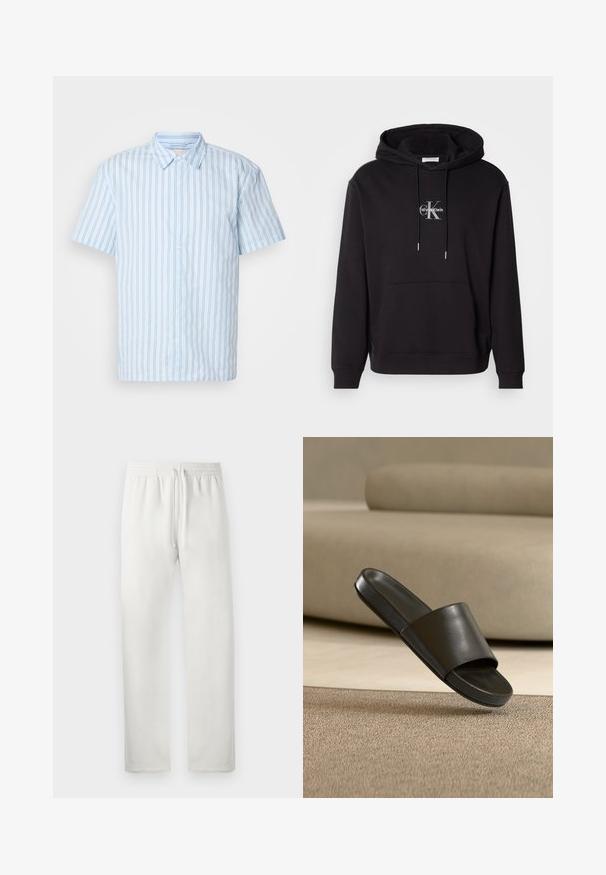 Mustast puuvillast hupparist, millel on nööriga kapuuts, känguru-tasku ja hõbedane logo, millel on kirjas 'Calvin Klein' ja 'CK' rinnal.; Hea sinise kangaga lühikeste varrukatega nööbita shirt, millel on vertikaalsed triibud. Omab teravat kraed ja valgeid nuppe ees.; Valged dressipüksid pehmest riidest, millel on elastne vöökoht ja nööri reguleerimise võimalus, sirged sääred ning ilma nähtavate mustrite või aktsentideta.; Mustast nahast slaid-sandaal hõljub beeži tekstuuriga vaiba kohal, taustal on taupe diivan.