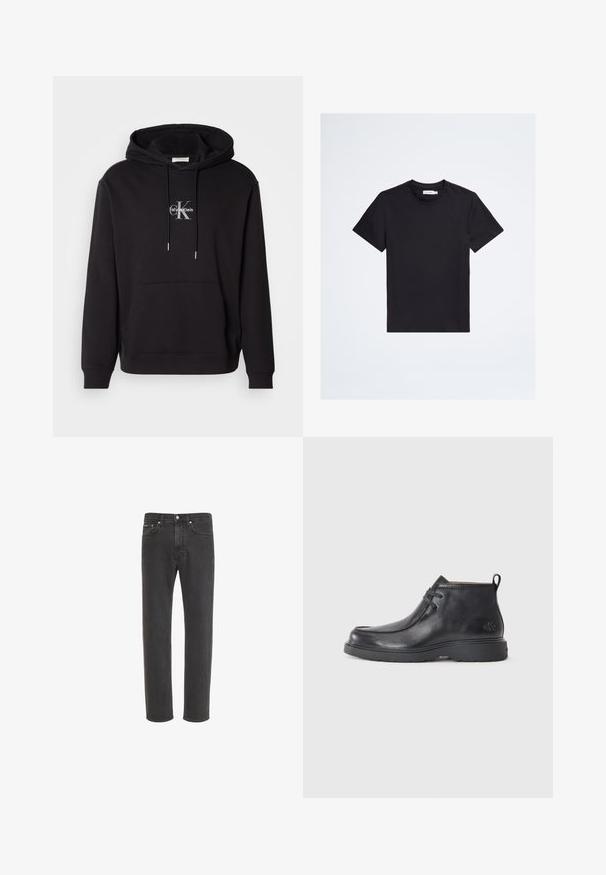 Čierna bavlnená mikina s kapucňou so šnúrkou, klokaní vreckom a strieborným logom, ktoré obsahuje "Calvin Klein" a "CK" na hrudi.; Čierne tričko s krátkym rukávom a okrúhlym výstrihom s malým tónovaným logom na ľavej strane hrudi a bielou značkovou štítkou vo vnútri goliera.; Čierne rifle s rovnými nohavicami z denimu s zapínaním na predné gombíky a zips, predné a zadné vrecká, zobrazené na bielom pozadí.; Čierne kožené členkové čižmy s okrúhlou špičkou, šnurovací dizajn a pútko na zadnej strane. Štruktúrovaný zvršok a gumová podrážka.