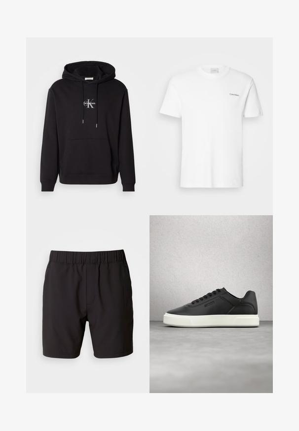 Schwarzer Baumwollhoodie mit verstellbarem Kapuzenzug, Kängurutasche und einem silbernen Logo mit "Calvin Klein" und "CK" auf der Brust.; Weißes Baumwoll-T-Shirt mit kurzen Ärmeln und Rundhalsausschnitt. Mit einem kleinen schwarzen "Calvin Klein"-Logo auf der linken Brust.; Schwarze Shorts aus elastischem Stoff mit einem elastischen Bund, Seitentaschen und einem schlichten, klaren Design. Keine Muster oder Verzierungen.; Schwarze Ledersneaker mit weißer Gummisohle, rundlicher Zehenpartie und flachen Schnürsenkeln. Strukturierte Akzente an den Seiten, minimalistisches Design.