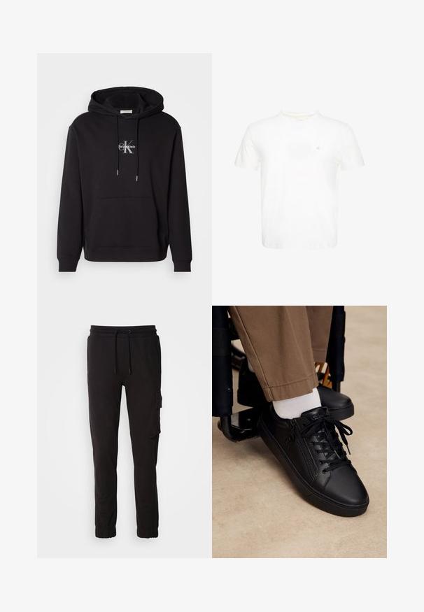 Sudadera de algodón negra con capucha ajustable, bolsillo canguro y un logo plateado con "Calvin Klein" y "CK" en el pecho.; Camiseta blanca de manga corta con cuello redondo y pequeño logo "ck" bordado en el pecho izquierdo.; Pantalones jogger negros de mezcla de algodón, con cinturilla elástica con cordón, bolsillos laterales y un bolsillo tipo cargo en el muslo.; Zapatilla deportiva de cuero negro con cordones y cremallera lateral, usada con calcetines blancos y pantalones marrones, pie apoyado en el reposapiés de una silla de ruedas.