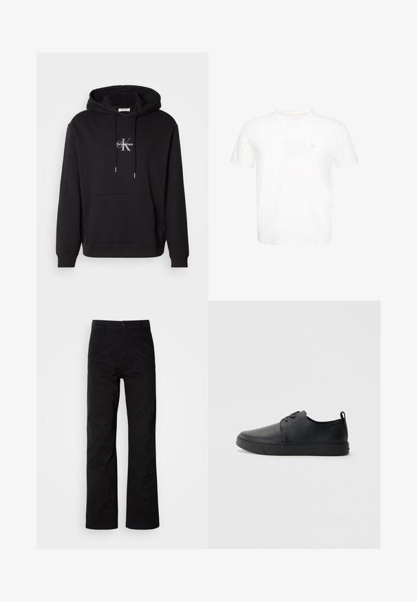 Sort bomulds hættejakke med snoretræk i hætten, kangaroo-lomme og et sølvfarvet logo, der viser "Calvin Klein" og "CK" på brystet.; Hvid T-shirt med korte ærmer og rund hals med lille broderet "ck" logo på venstre bryst.; Sort bomuldsbukser med lige ben, der har knaplukning og bæltestropper. Glat tekstur og minimalistisk stil uden synlige mønstre.; Sorte lædersneakers med en glat finish, rund tå, tonalt syning, snøring foran og en flad gummisål. Løkke ved hælen.