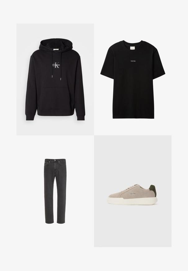 Musta puuvillahuppari, jossa on narulla säädettävä huppu, kengurupocket ja hopeinen logo, jossa lukee "Calvin Klein" ja "CK" rinnassa.; Musta puuvillainen t-paita, jossa pyöreä pääntie ja lyhyet hihat. Edessä pieni valkoinen "Calvin Klein" -logo. Sileä, klassinen istuvuus.; Mustat suorat farkut mustaa denim-kangasta, joissa edessä nappi- ja vetoketjusuljin, etu- ja takataskut, valkoisella taustalla esitettynä.; Beige mokkasandaalit valkoisella kumipohjalla, joissa on tumma vihreä kantapään yksityiskohta ja hienovarainen brändäys sivussa.