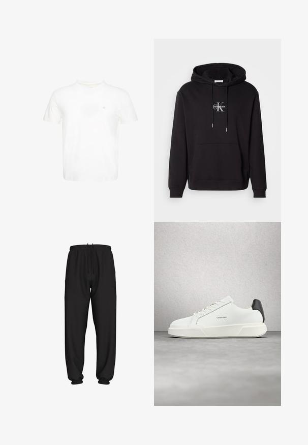 Zwarte katoenen hoodie met een trekkoordcapuchon, kangoeroezak en een zilveren logo met "Calvin Klein" en "CK" op de borst.; Witte T-shirt met korte mouwen en ronde hals met klein geborduurd "ck"-logo op de linkerborst.; Zwarte sweatpants met losse pasvorm, elastische tailleband en boorden, voorzien van een verstelbare trekkoord in de taille.; Witte sneakers met een bovenwerk van glad leer, platte veters en een verhoogde witte zool. Heeft een zwart accent bij de hiel en een geprofileerd logo.