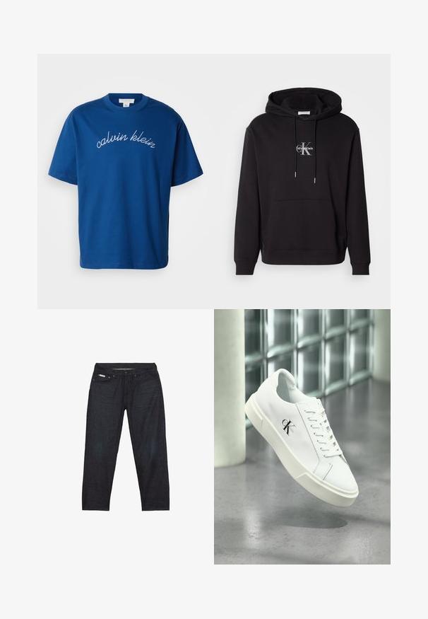 Schwarzer Baumwollhoodie mit verstellbarem Kapuzenzug, Kängurutasche und einem silbernen Logo mit "Calvin Klein" und "CK" auf der Brust.; Blauses Baumwoll-T-Shirt mit Rundhalsausschnitt und kurzen Ärmeln, auf dem "calvin klein" elegant in weißer Schreibschrift über die Brust gestickt ist.; Dunkelblaue Jeans aus Denim mit geradem Bein, ausgestattet mit fünf Taschen und minimalen Nahtdetails für ein sauberes Aussehen.; Weißer Calvin Klein Sneaker mit Schnürsenkeln, schwebend über einem polierten Betonboden und einer Glasbausteinwand im Hintergrund dargestellt.