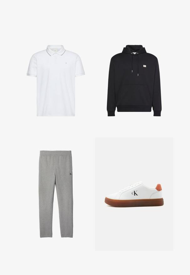 Sort pullover hoodie med forlommekangurulomme, snøretrækshætte og lille firkantet logo på venstre bryst.; Hvid kortærmet polo med to-knaps lukning, grå kant på krave og ærmekanter samt lille "ck" logo broderet på brystet.; Lysegrå sweatpants med elastik i taljen, små sorte "cK" logo på det øverste lår, lige ben og elastiske manchetter ved anklerne.; Hvid lavt snøresneaker med brun sål, orange hælstrop, snørebånd og "cK" logo på siden.