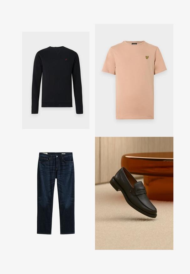 Sweatshirt noir en coton avec manches longues, col rond, poignets côtelés et un petit logo d'oiseau rouge sur la poitrine.; T-shirt en coton pêche clair avec col rond, manches courtes, et petit logo brodé d'un papillon jaune sur le côté gauche de la poitrine.; Jean bleu foncé à jambes droites avec poches avant et arrière, fermeture par boutons et détails de whiskering subtils sur les cuisses.; Mocassin homme en cuir noir avec une bande sur le dessus, présenté sur un tapis beige près d'une table ronde moderne marron.