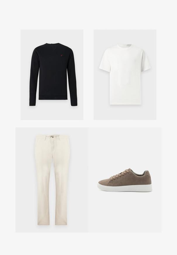 Sudadera negra de algodón con mangas largas, cuello redondo, puños acanalados y un pequeño logo de un pájaro rojo en el pecho.; Camiseta blanca lisa de manga corta y cuello redondo mostrada sobre un fondo gris claro.; Pantalones beige casual con bolsillos delanteros, cremallera y cintura con cordón, ajuste de pierna recta, mostrados sobre un fondo liso.; Zapatillas de ante marrón con suelas de goma blanca planas, diseño de cordones, punta redondeada y una textura suave. Estilo minimalista con sutiles detalles de costura.