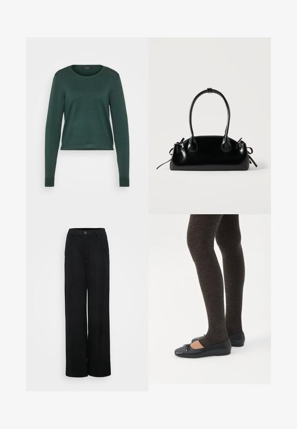 Pull vert, texture côtelée, col rond, manches longues et longueur courte. Matière lisse de couleur unie sans motifs ni accents visibles.; Pantalons noirs à jambes larges avec une texture lisse, dotés d'une fermeture à bouton et de poches avant. Design classique et polyvalent, idéal pour diverses occasions.; Jambes portant des leggings côtelés foncés associés à des ballerines noires avec de petits détails en nœud sur fond blanc.; Petit sac à main noir brillant avec deux longues anses et des détails à cordon sur les côtés sur un fond clair uni.