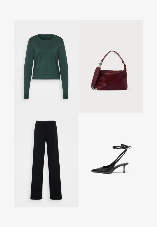 Grøn sweater, ribbet tekstur, rund hals, lange ærmer og cropped længde. Glat materiale med en ensfarvet overflade uden synlige mønstre eller detaljer.; Vero Moda Tall VMBERLIN ZAMIRA WIDE - Bukser - black; Sorte læder stiletto sko med spids tå, åben bag, og ankelstropper bundet i en sløjfe. Slank 3-tommers hæl. Glat overflade, minimalistisk design.; Lille rektangulær burgunderfarvet håndtaske med tekstureret finish, kort hank og aftagelig skulderrem på en ensartet lys baggrund.