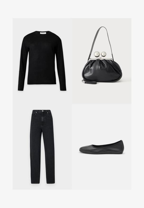 Pull noir à manches longues col rond avec une petite étiquette blanche au niveau du col arrière, présenté sur un fond gris clair uni.; Jean noir à jambe droite en denim. Présente une taille haute, une fermeture à bouton en métal, cinq poches et des détails de couture subtils.; Ballerines en cuir noir avec un bout rond, texture lisse, détails de couture minimalistes et design de semelle flexible.; Sac à main en cuir noir avec un design plissé, une sangle unique, un cadre métallique argenté et deux grandes fermoirs ronds en argent.