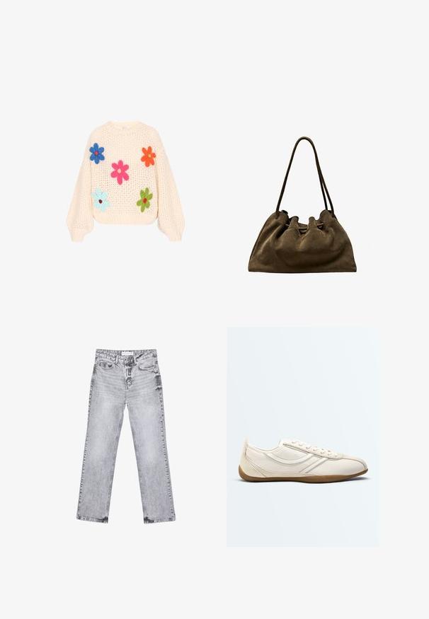 Gebreide crèmekleurige trui met oversized mouwen versierd met vilten bloemenapplicaties in blauw, roze, oranje en groen. Dikke textuur.; Grijze denim jeans met een rechte pijp, versleten details, vijf zakken en koperen klinknagels. De tailleband is voorzien van een logo-label.; Low-profile witte sneaker met veters aan de voorkant, gebogen zijstrepen, beige suède accenten en een bruine rubberen zool.; Bruine suède handtas met zachte, geplooide body en twee dunne schouderhengsels die rechtop leunen tegen een witte achtergrond.