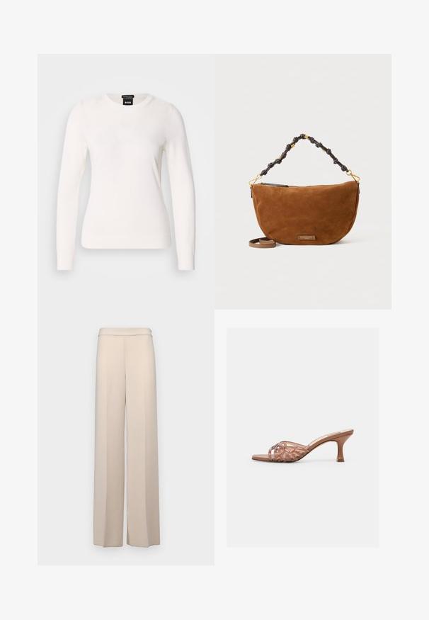 Hvid langærmet sweater, lavet af fin merinould, har en rund halsudskæring og en glat tekstur med et tætsiddende design.; Beige vidde bukser i et glat stof med høj talje og subtile frontfolder. Ingen lommer eller synlige hardware detaljer.; Brun åben-tå mule sandal med flettede overremme og en mellemhøj, buet hæl på en helt hvid baggrund.; Brun ruskind halvmåne taske med en knyttet mørk rem og gulddetaljer, med en lille rektangulær logo-plade foran.