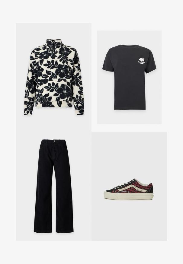 Sort og hvid fleece-pullover med stort blomstermønster, lange ærmer, høj krave og halv lynlås foran.; Sort t-shirt med korte ærmer og rund halsudskæring med en lille hvid hibiscusblomst og teksten "Rip Curl Surf Co" på øverste venstre bryst.; Sorte vidde cordbukser med forlommer og knaplukning i taljen, vist på en ensfarvet lys baggrund.; Vans OLD SKOOL 36 UNISEX - Sneakers - bordeaux