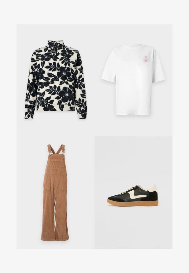 Sort og hvid fleece-pullover med stort blomstermønster, lange ærmer, høj krave og halv lynlås foran.; Hvid bomuld t-shirt med korte ærmer, rund halsudskæring, med lille lyserødt "Vacation Club" logo på venstre bryst.; Brune kordfløjs overalls med brede ben, justerbare stropper og forlomme. Blød tekstur med lodret ribbet mønster.; Sorte ruskinds- og lædersneakers med en cremefarvet side-swoosh og lys cremefarvet hæl. Har beige snørebånd og en gummirubber-sål.
