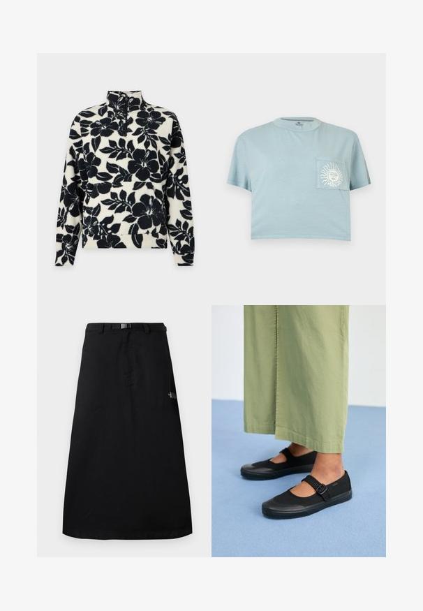 Sort og hvid fleece-pullover med stort blomstermønster, lange ærmer, høj krave og halv lynlås foran.; Lyseblå kort T-shirt med korte ærmer og en brystlomme med en hvid sol og ansigtsgrafik med teksten "VOLCOM".; Sort midi-nederdel med justerbart taljebælte og The North Face-logo på højre side.; Sorte kanvas sko med rund tå, gummisål og en spænde rem. Parret med løse, lysegrønne bukser.
