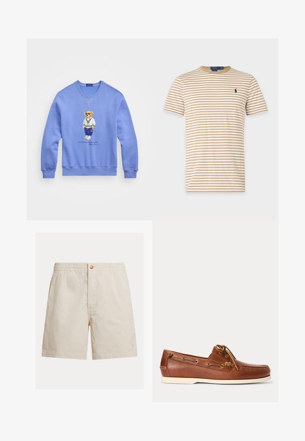 Sudadera azul con un oso bordado que lleva gafas de sol y ropa deportiva, con puños y dobladillo acanalados, fabricada con suave tela de algodón.; Camiseta de rayas beige y blanca de manga corta y cuello redondo con pequeño logo oscuro bordado en el pecho izquierdo.; Pantalones cortos para hombre en beige claro, hechos de mezcla de algodón, con cintura elástica, cierre de botón y un solo logo cerca del dobladillo.; Zapato náutico de cuero marrón con suela blanca, cordones atados en la parte superior y ojales metálicos a lo largo de los lados y la costura delantera.