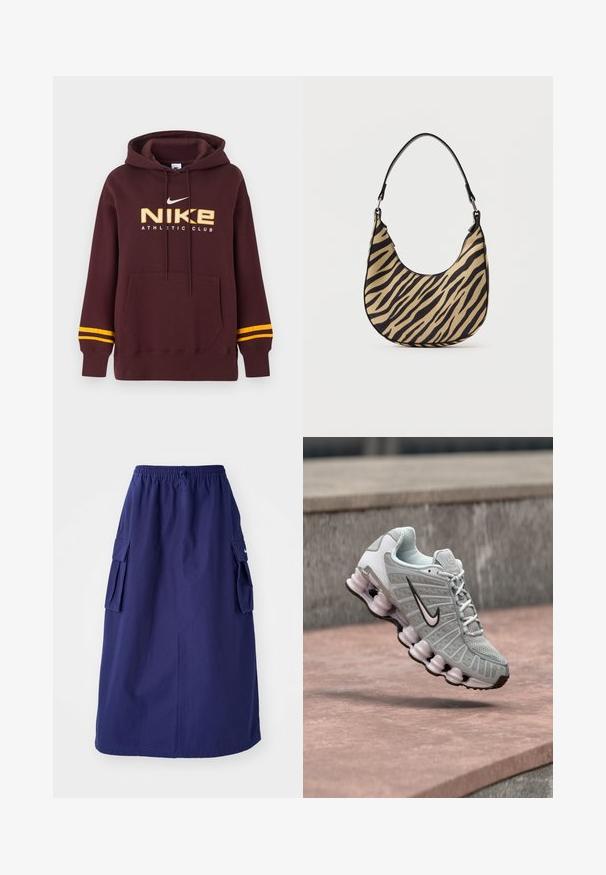 Σκούρα μπορντό φούτερ Nike με κίτρινες διπλές ρίγες στα μανίκια, μπροστινή τσέπη καγκουρό και κείμενο "NIKE ATHLETIC CLUB" με λογότυπο στο στήθος.; Ναυτικό μπλε, μεσαίου μήκους φούστα με ελαστική μέση, που διαθέτει δύο πλαϊνές τσέπες cargo και μια μινιμαλιστική λεπτομέρεια λογοτύπου. Λείος υφασμάτινος ιστός.; Ανοιχτό γκρι sneaker Nike με μαύρο λογότυπο swoosh, λευκά κορδόνια και χαρακτηριστική σόλα που μοιάζει με ελατήριο, εμφανίζεται να αιωρείται πάνω από μια πέτρινη επιφάνεια.; Ζαχαρί και μαύρη τσάντα ώμου με σχέδιο ζέβρας, με καμπύλη βάση και μία μαύρη λαβή, φωτογραφημένη σε απλό άσπρο φόντο.