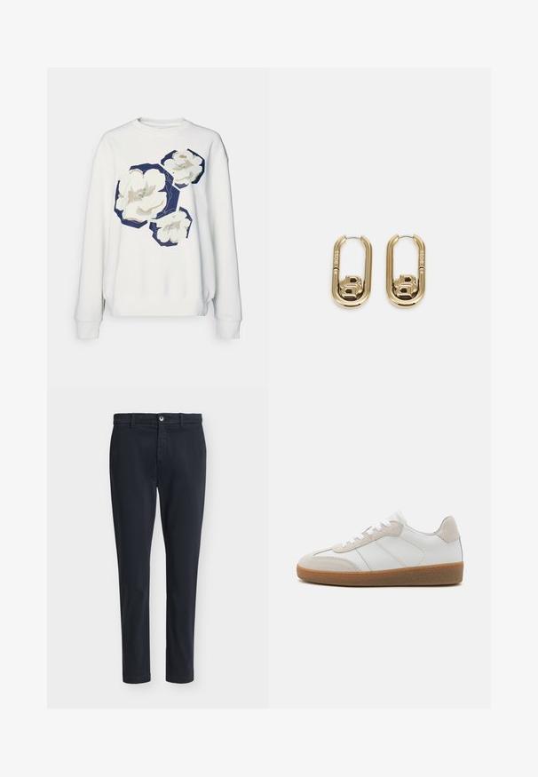 Witte sweatshirt met drie grote bloemmotieven in crèmewit en marineblauwe hexagonale accenten, met ribgebreide manchetten en een ronde halslijn.; Donkerblauwe slim-fit herencasualbroek met knoopsluiting en riemlussen, afgebeeld op een effen lichtgrijze achtergrond.; Witte leren sneakers met beige suède accenten, een gestructureerde tong en een rubberen zool. Voorzien van witte veters en subtiele gestikte details.; BOSS DOUBLE B SWING - Oorbellen - gold-coloured
