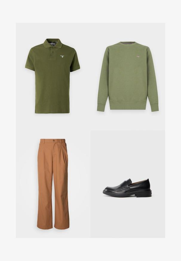 Groene sweatshirt van katoenmix met een ronde hals, geribbelde manchetten en zoom. Voorzien van een klein logo op de borst. Gladde textuur.; Olijfgroene polo shirt van katoen, met een klassieke kraag, twee knopen, korte mouwen en een klein geborduurd logo op de borst.; Wijde broekspijpen van een warmbruine stof, voorzien van een knoopsluiting aan de voorkant, subtiele plooien en een recht model voor een ontspannen pasvorm.; Zwarte leren instap schoenen met een lage hak en subtiel Calvin Klein-logo aan de zijkant, weergegeven in profiel op een witte achtergrond.