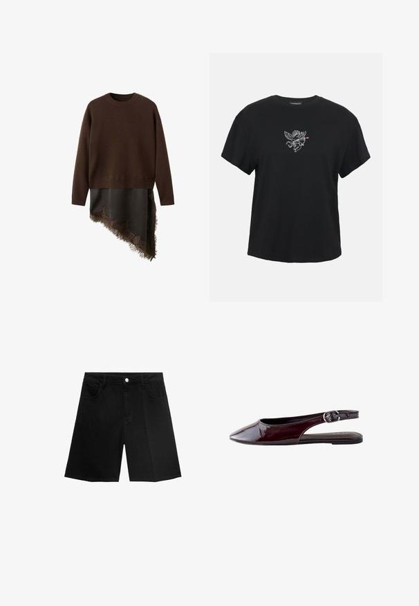 Donkerbruine gebreide trui met lange mouwen met een aangehecht asymmetrisch zwart satijnen rokpaneel afgewerkt met kant aan de zoom.; Zwart T-shirt met korte mouwen met een kleine witte cupido-afbeelding die een boog en pijl vasthoudt, met een roze pijl in de vorm van een hart op de borst in het midden.; Zwarte denim shorts met een rechte snit, vijf zakken en een zilveren knoopsluiting. Gladde textuur met minimale stikseldetails.; Donker bordeaux lakleren slingback platte schoen met puntige neus en verstelbare zilveren gespsluiting.