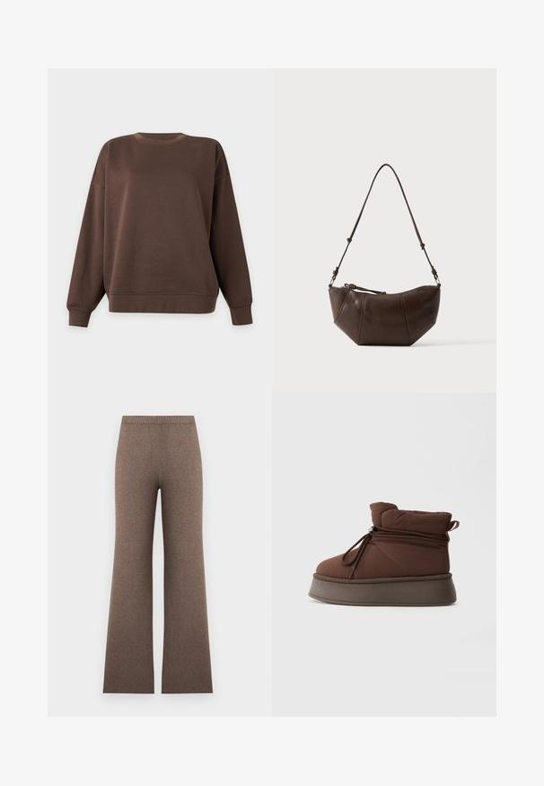 Mørkebrun sweatshirt med lange ærmer, rund halsudskæring samt ribkanter ved ærmer og forneden på ensartet lyst baggrund.; Brune høj talje strikkede bukser med vide ben og ribstrikket elastisk talje, vist fladt mod en lys baggrund.; Brun polstret vinterstøvle med tyk sål og snøre lukning mod en ensfarvet lys baggrund.; Brun læder skuldertaske med buet bund og justerbar rem mod en ensfarvet lys baggrund.