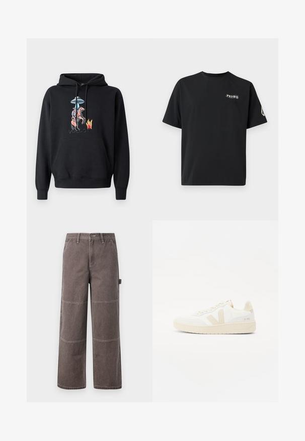 Sweat à capuche noir avec une poche avant, présentant un graphisme coloré d'un cow-boy à cheval, un OVNI, et des flammes, avec le mot « volcom » brodé en dessous.; T-shirt en coton noir à manches courtes, col rond, avec un logo blanc imprimé sur le côté gauche de la poitrine et un patch logo sur la manche droite.; Pantalons larges de couleur marron délavée, fabriqués en tissu durable avec des coutures contrastées. Présente des détails en panneaux et une poche latérale.; Sneaker blanche avec des accents beiges, présentant un dessus texturé, un bout rond et une semelle en caoutchouc épaisse. Le design inclut le logo V iconique et le branding.