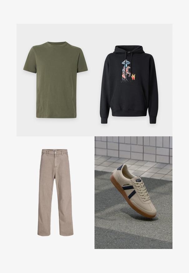 Sweat à capuche noir avec une poche avant, présentant un graphisme coloré d'un cow-boy à cheval, un OVNI, et des flammes, avec le mot « volcom » brodé en dessous.; T-shirt vert olive à manches courtes en coton doux, avec un col rond et un design uni. Aucun motif ni accent visible.; Pantalon beige taille haute à jambes droites avec poches avant, passants pour ceinture, fermeture par bouton et coutures visibles sur un fond uni.; Baskets beiges avec une finition texturée, bandes navy et semelle en caoutchouc. Équipées d'une languette rembourrée et d'un système de laçage traditionnel pour un maintien sécurisé.
