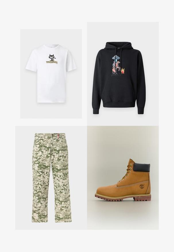 Sweat à capuche noir avec une poche avant, présentant un graphisme coloré d'un cow-boy à cheval, un OVNI, et des flammes, avec le mot « volcom » brodé en dessous.; T-shirt blanc à manches courtes avec un graphisme centré représentant un diable dessin-animé noir sur un skateboard au-dessus du texte "volcom" en beige et noir.; Pantalons droits pour hommes avec motif camouflage pixellisé vert et beige, poches avant, présentés sur un fond clair.; Bottine en cuir marron avec col noir, lacets jaunes et semelle beige. Présente un logo et des détails de couture blanche. Semelle extérieure à traction robuste.