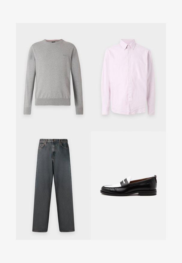 Pull gris avec col rond, manches longues, poignets et ourlet côtelés, avec un logo discret sur la poitrine et des accents rayés au niveau de l'encolure.; Chemise à manches longues à rayures verticales rose clair et blanche, boutonnée, avec col à boutons, présentée de face sur un fond neutre.; Jean en denim gris foncé avec une coupe droite, cinq poches et une fermeture à bouton et zip. Le tissu présente un léger dégradé et des coutures.; Mocassin en cuir noir et blanc avec des détails cousus, un petit talon et un design slip-on, présenté de profil sur un fond uni.