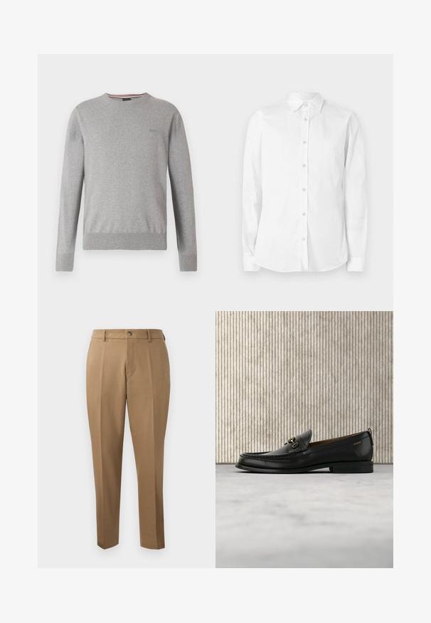 Grijze trui met een ronde hals, lange mouwen, geribbelde manchetten en zoom, met een subtiel logo op de borst en gestreepte accenten in de halslijn.; Witte blouse met lange mouwen en knopen, gemaakt van katoen. Heeft een puntige kraag en een klein geborduurd logo op de borst. Gladde textuur.; Bruine maatwerkbroek met een rechte pasvorm, enkele plooien, riemlussen en een sluiting met een knoop aan de voorkant. Gladde stof met een matte textuur.; Zwarte leren loafer met gouden metalen gesp en "HUGO" branding, weergegeven tegen een beige tapijt en bruin doorschijnend meubilair.