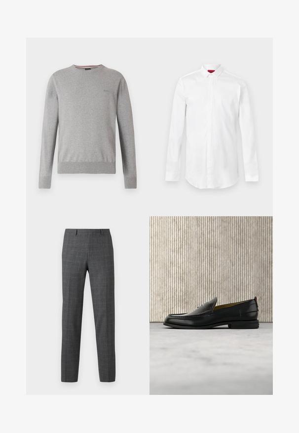 Pull gris avec col rond, manches longues, poignets et ourlet côtelés, avec un logo discret sur la poitrine et des accents rayés au niveau de l'encolure.; Chemise blanche à manches longues avec col pointu et patte de boutonnage cachée, présentée sur un fond clair uni.; Pantalons à carreaux gris avec une coupe ajustée, présentant une texture lisse, des jambes droites et des détails de couture subtils.; Mocassin pour homme en cuir noir avec un dessus embossé effet croco et un petit talon, présenté de profil sur un fond neutre.