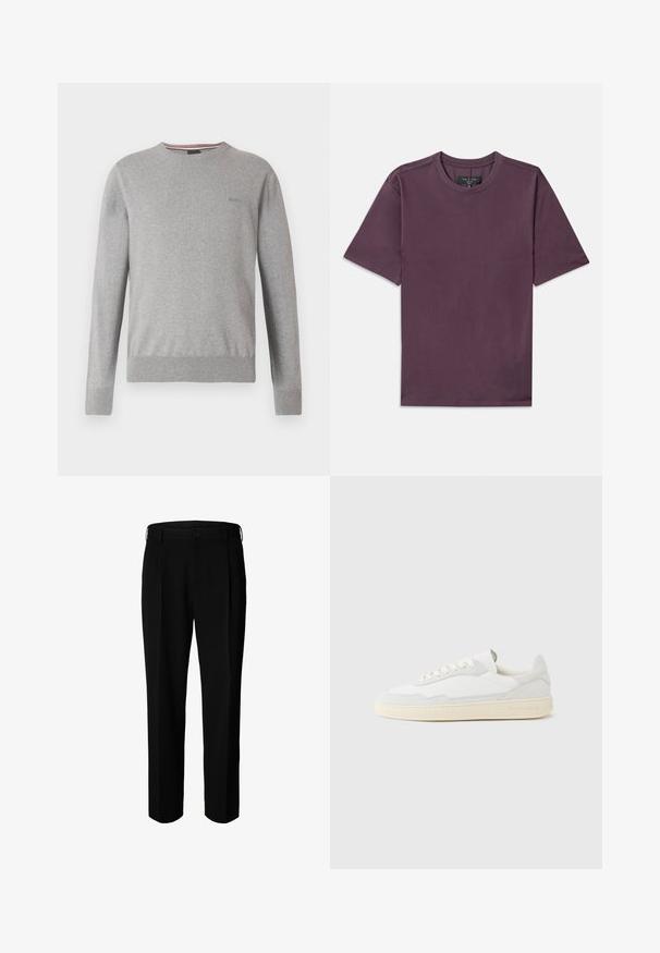 Grijze trui met een ronde hals, lange mouwen, geribbelde manchetten en zoom, met een subtiel logo op de borst en gestreepte accenten in de halslijn.; Effen T-shirt met korte mouwen en ronde hals in donker mauve, met een zichtbaar merklabel dat in de kraag is genaaid.; Zwarte formele broek met riemlussen, voorste knoop en ritssluiting, weergegeven tegen een witte achtergrond.; Witte sneaker met een bovenwerk van gestructureerd suède en leer. Voorzien van een afgeronde neus, vetersluiting en een contrasterende beige rubberen zool.